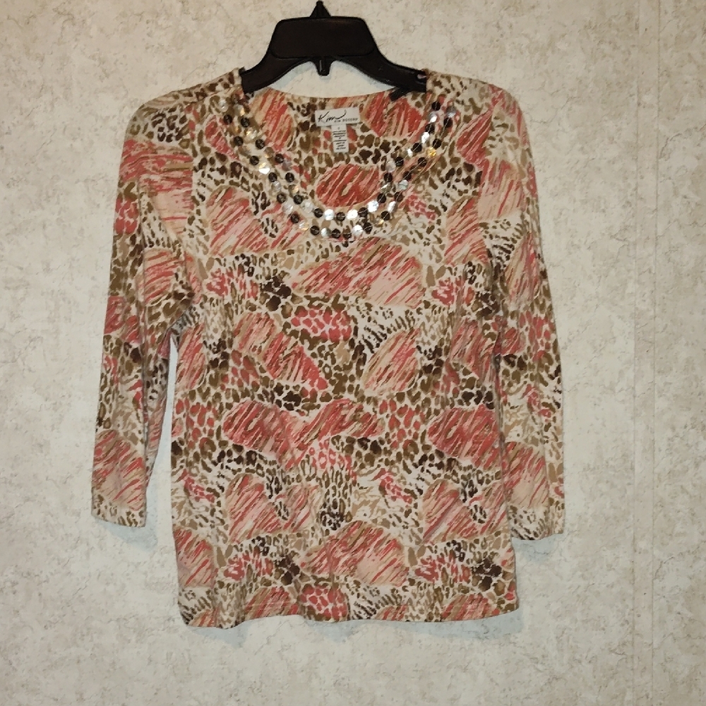 Kim Rogers Pink Embellished Graphic 3/4 Sleeve Blouse